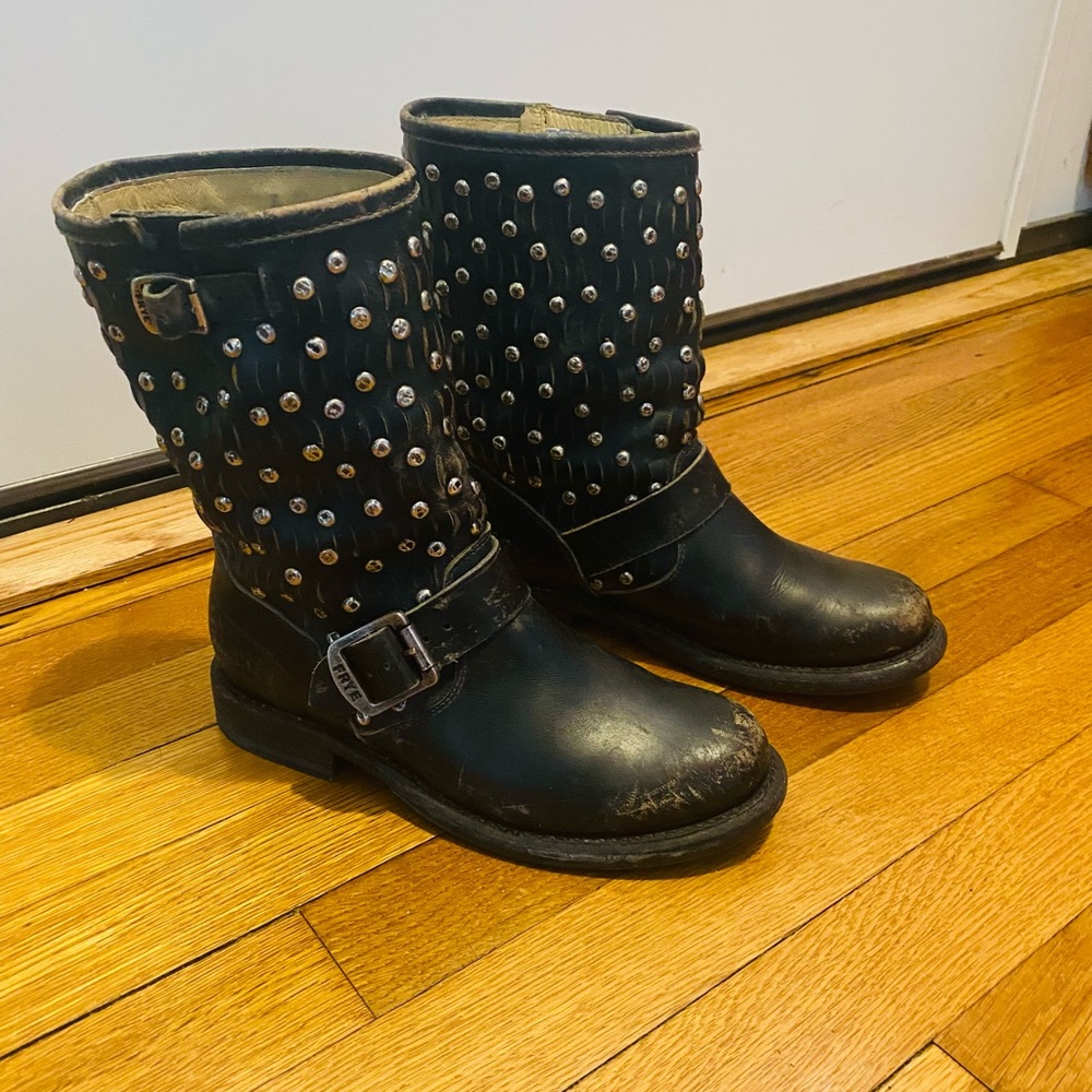 Frye Black Leather Studded Moto Booties